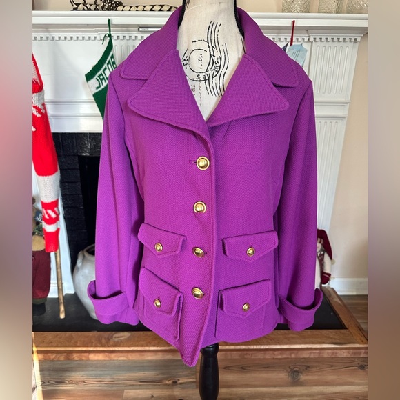 Joan Rivers Fuchsia Pink Purple Knit Blazer Jacket Gold Buttons L Pockets Career - Picture 9 of 11